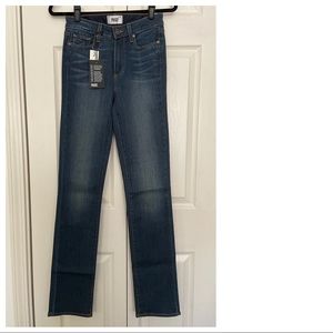 Paige Hoxton straight, medium dark blue jeans